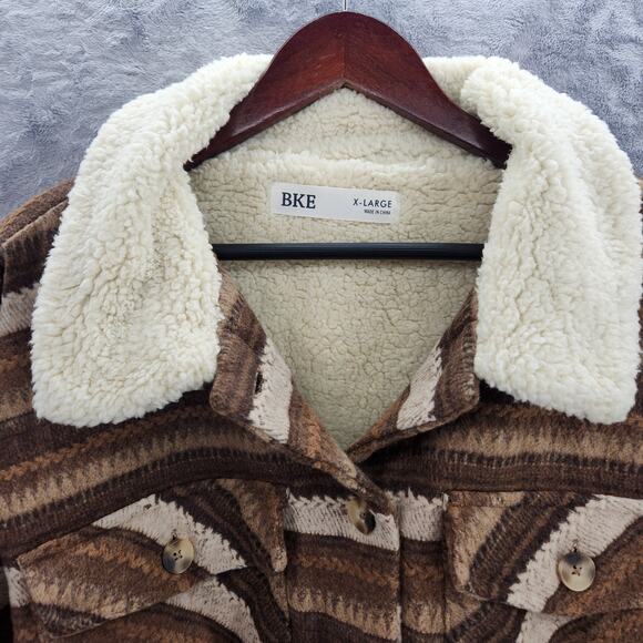 Buckle XL Sherpa Shacket Brown striped button coat warm soft wool & polyester - Picture 1 of 10
